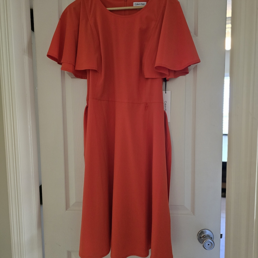Calvin Klein Orange A-Line Midi Dress with Flutter Sleeves